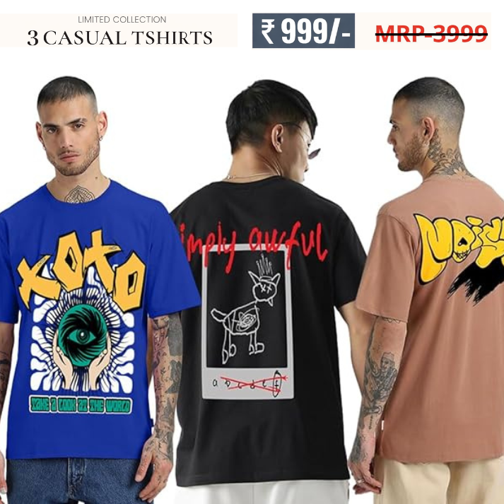 Combo Pack Of 3 -100% Pure Cotton Oversized Baggy Fit Half Sleeve Printed Round Neck Multicolor Drop Shoulder T-Shirt for Men & Boys