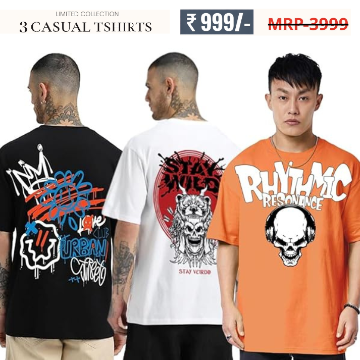 Combo Pack Of 3 -100% Pure Cotton Oversized Baggy Fit Half Sleeve Printed Round Neck Multicolor Drop Shoulder T-Shirt for Men & Boys