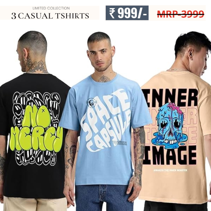 Combo Pack Of 3 -100% Pure Cotton Oversized Baggy Fit Half Sleeve Printed Round Neck Multicolor Drop Shoulder T-Shirt for Men & Boys