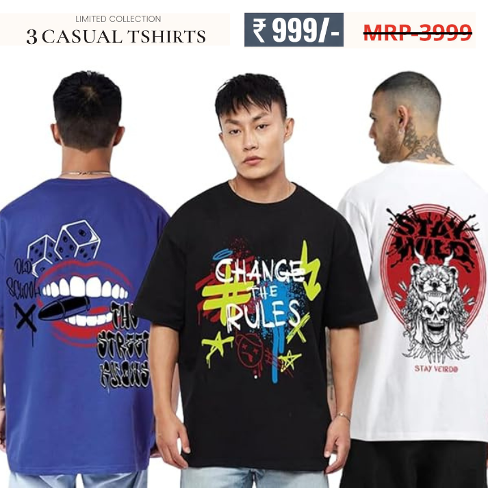 Combo Pack Of 3 -100% Pure Cotton Oversized Baggy Fit Half Sleeve Printed Round Neck Multicolor Drop Shoulder T-Shirt for Men & Boys