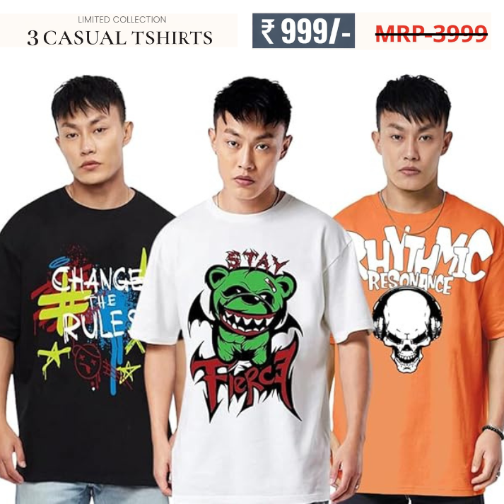 Combo Pack Of 3 -100% Pure Cotton Oversized Baggy Fit Half Sleeve Printed Round Neck Multicolor Drop Shoulder T-Shirt for Men & Boys