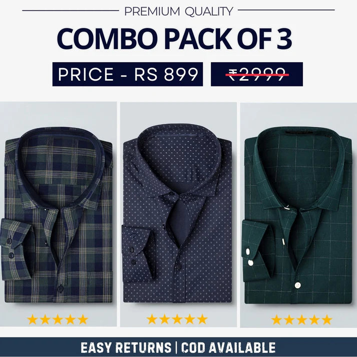 Combo Pack of 3 Men’s Formal Shirts – Stylish & Versatile Collection