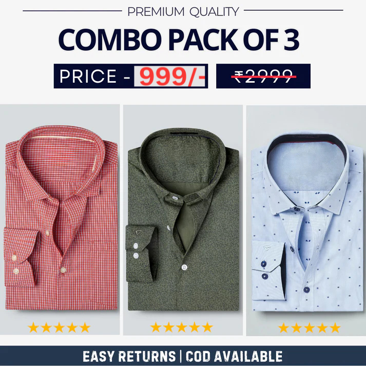 Combo Pack of 3 Men’s Formal Shirts – Stylish & Versatile Collection