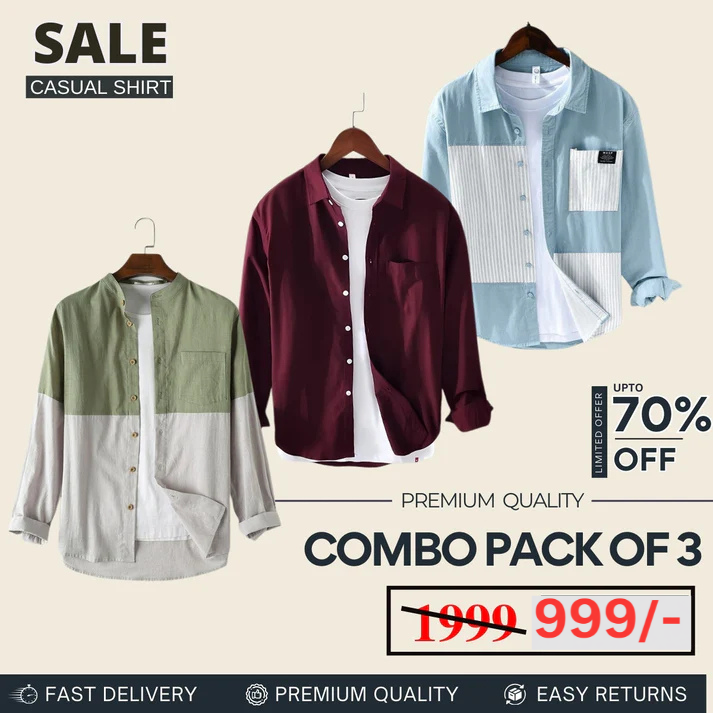 Combo Pack 3 Sets of Men’s Casual Cotton Shirt