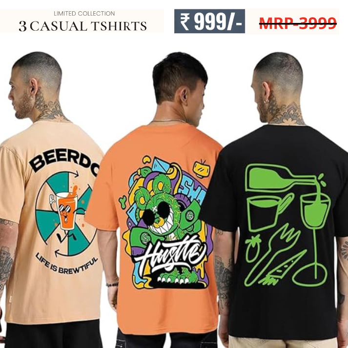 Combo Pack Of 3 -100% Pure Cotton Oversized Baggy Fit Half Sleeve Printed Round Neck Multicolor Drop Shoulder T-Shirt for Men & Boys