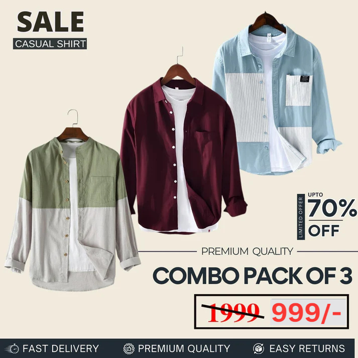 Combo Pack 3 Sets of Men’s Casual Cotton Shirt.
