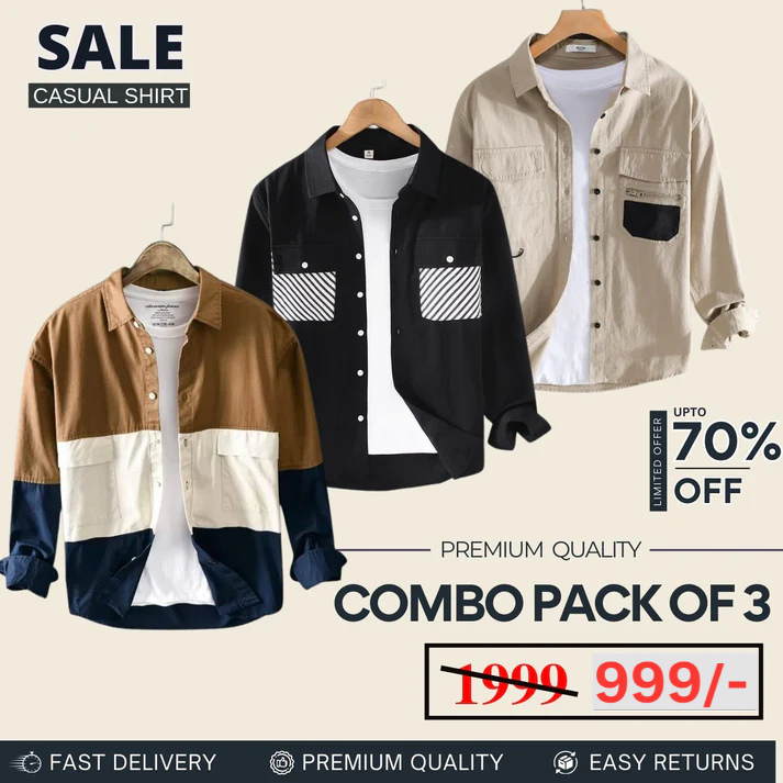 Combo Pack 3 Sets of Men’s Casual Cotton Shirt.