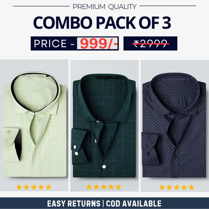 Combo Pack of 3 Men’s Formal Shirts – Stylish & Versatile Collection