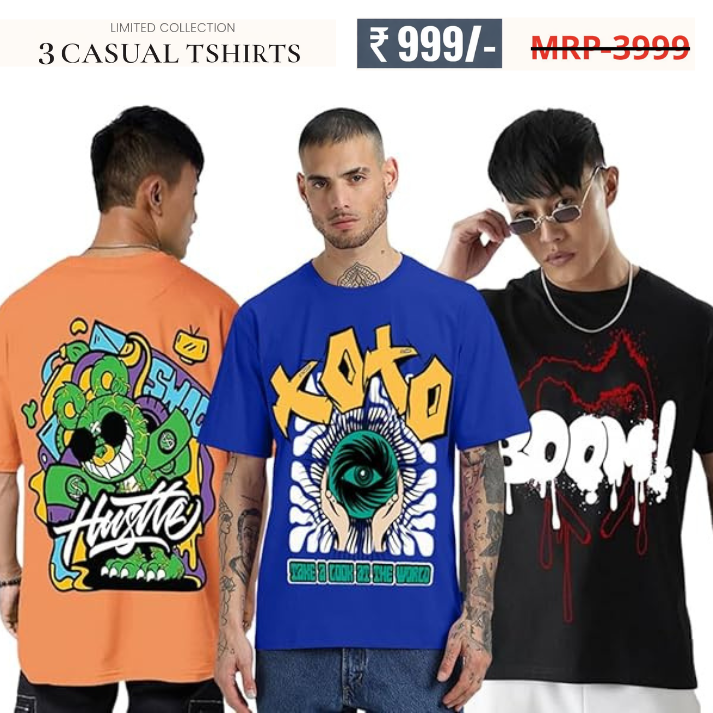 Combo Pack Of 3 -100% Pure Cotton Oversized Baggy Fit Half Sleeve Printed Round Neck Multicolor Drop Shoulder T-Shirt for Men & Boys