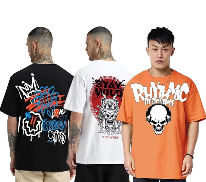 Combo Pack Of 3 -100% Pure Cotton Oversized Baggy Fit Half Sleeve Printed Round Neck Multicolor Drop Shoulder T-Shirt for Men & Boys