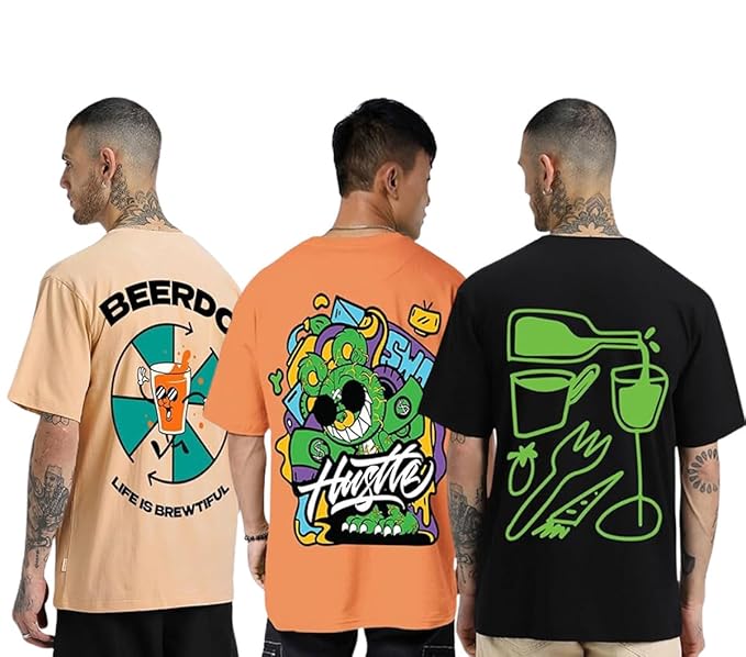 Combo Pack Of 3 -100% Pure Cotton Oversized Baggy Fit Half Sleeve Printed Round Neck Multicolor Drop Shoulder T-Shirt for Men & Boys