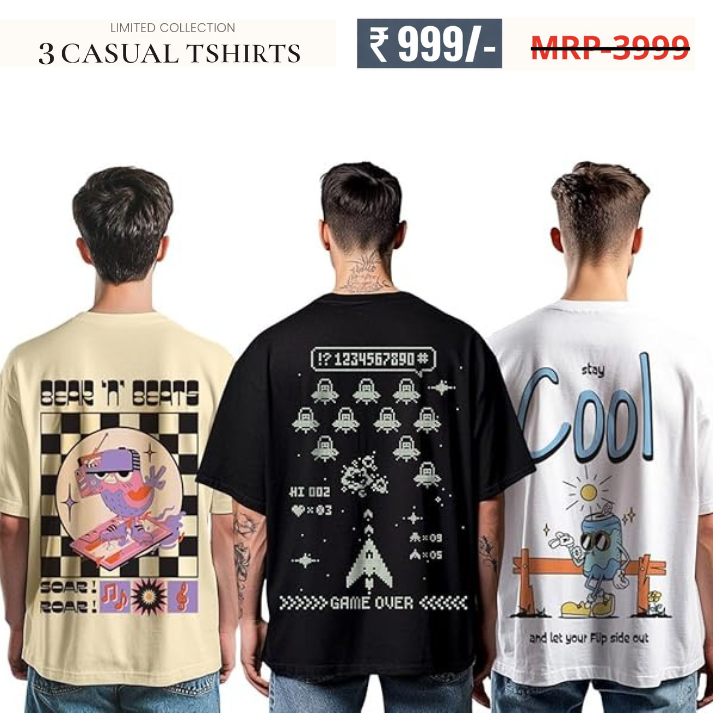 Combo Pack Of 3 -100% Pure Cotton Oversized Baggy Fit Half Sleeve Printed Round Neck Multicolor Drop Shoulder T-Shirt for Men & Boys