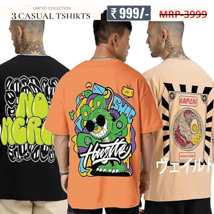 Combo Pack Of 3 -100% Pure Cotton Oversized Baggy Fit Half Sleeve Printed Round Neck Multicolor Drop Shoulder T-Shirt for Men & Boys