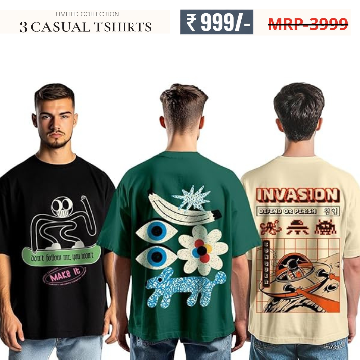 Combo Pack Of 3 -100% Pure Cotton Oversized Baggy Fit Half Sleeve Printed Round Neck Multicolor Drop Shoulder T-Shirt for Men & Boys