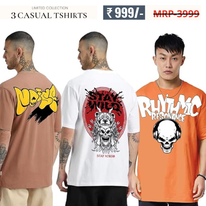 Combo Pack Of 3 -100% Pure Cotton Oversized Baggy Fit Half Sleeve Printed Round Neck Multicolor Drop Shoulder T-Shirt for Men & Boys