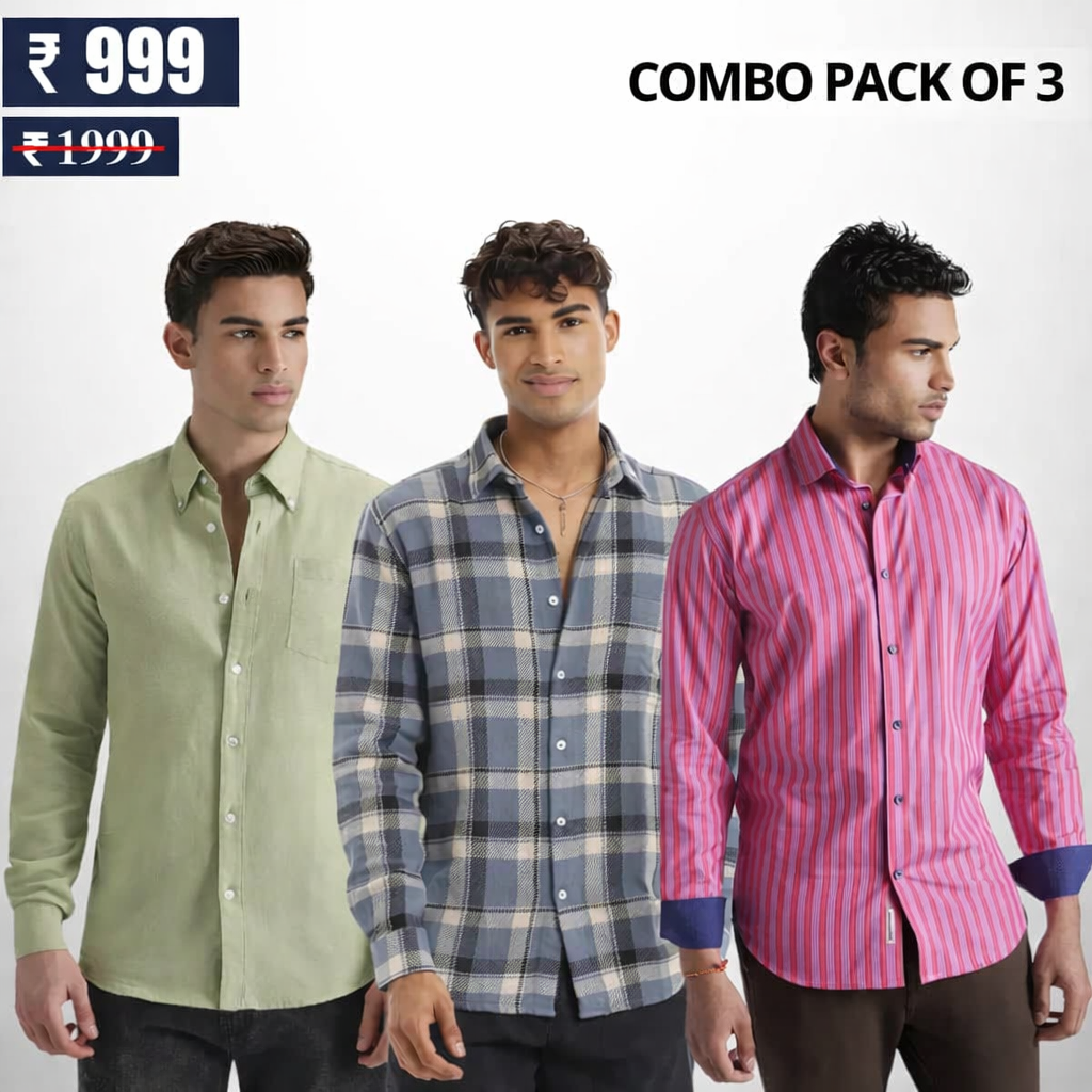 (Combo Pack of 3) Men’s Stylish Branded Shirt | High Quality Cotton Fabric | Full Sleeve